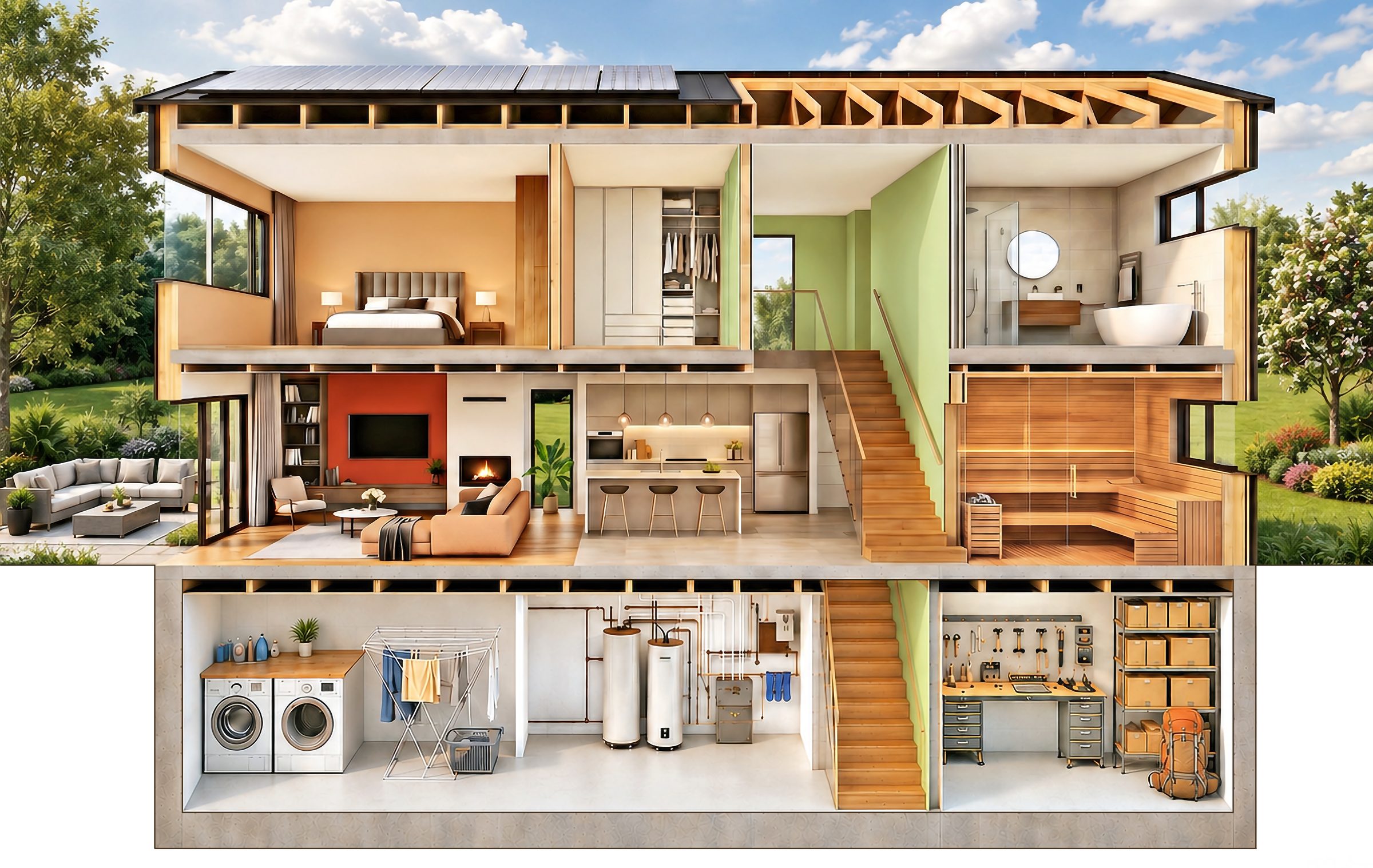 Haus im Querschnitt: Schlafzimmer, Wohnzimmer, Küche, Bad, Sauna und Keller – Sinnbild für Umbauen, Renovieren und Einrichten