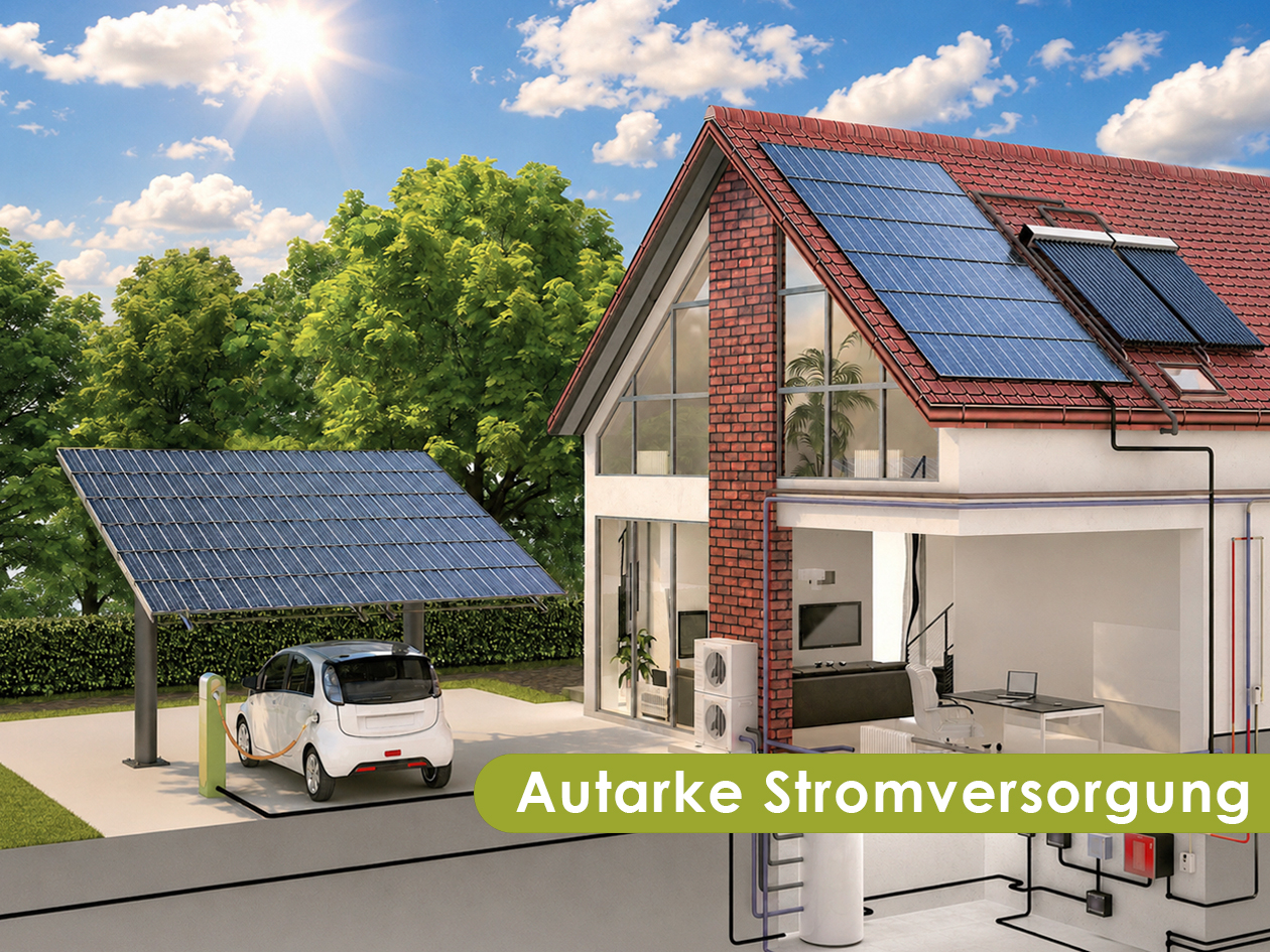 Einfamilienhaus mit Photovoltaik-Dach, Solar-Carport und ladendem Elektroauto