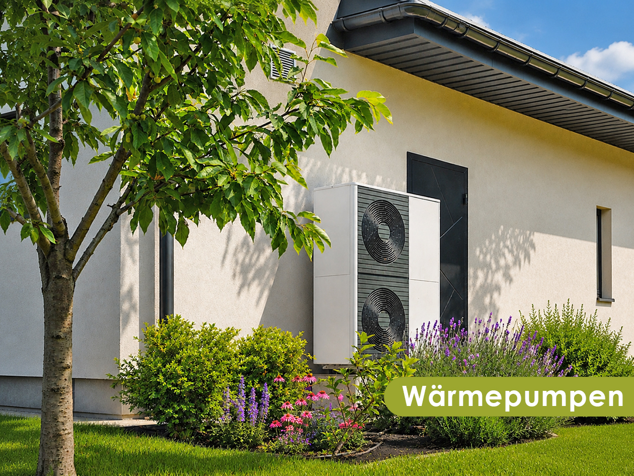 Wärmepumpe an der Hauswand im Garten