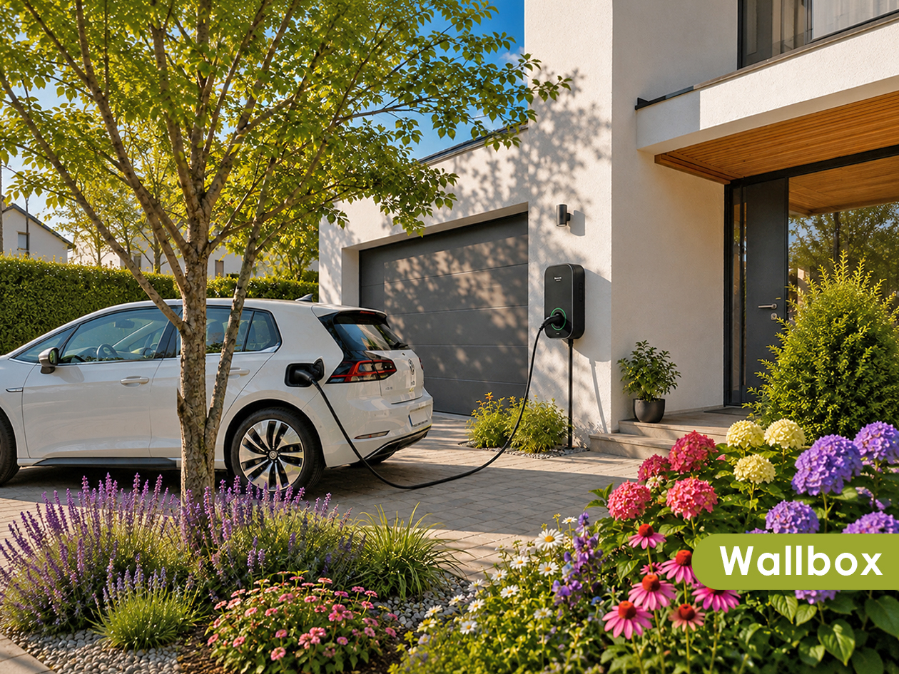 Elektroauto lädt an einer Wallbox vor dem Haus