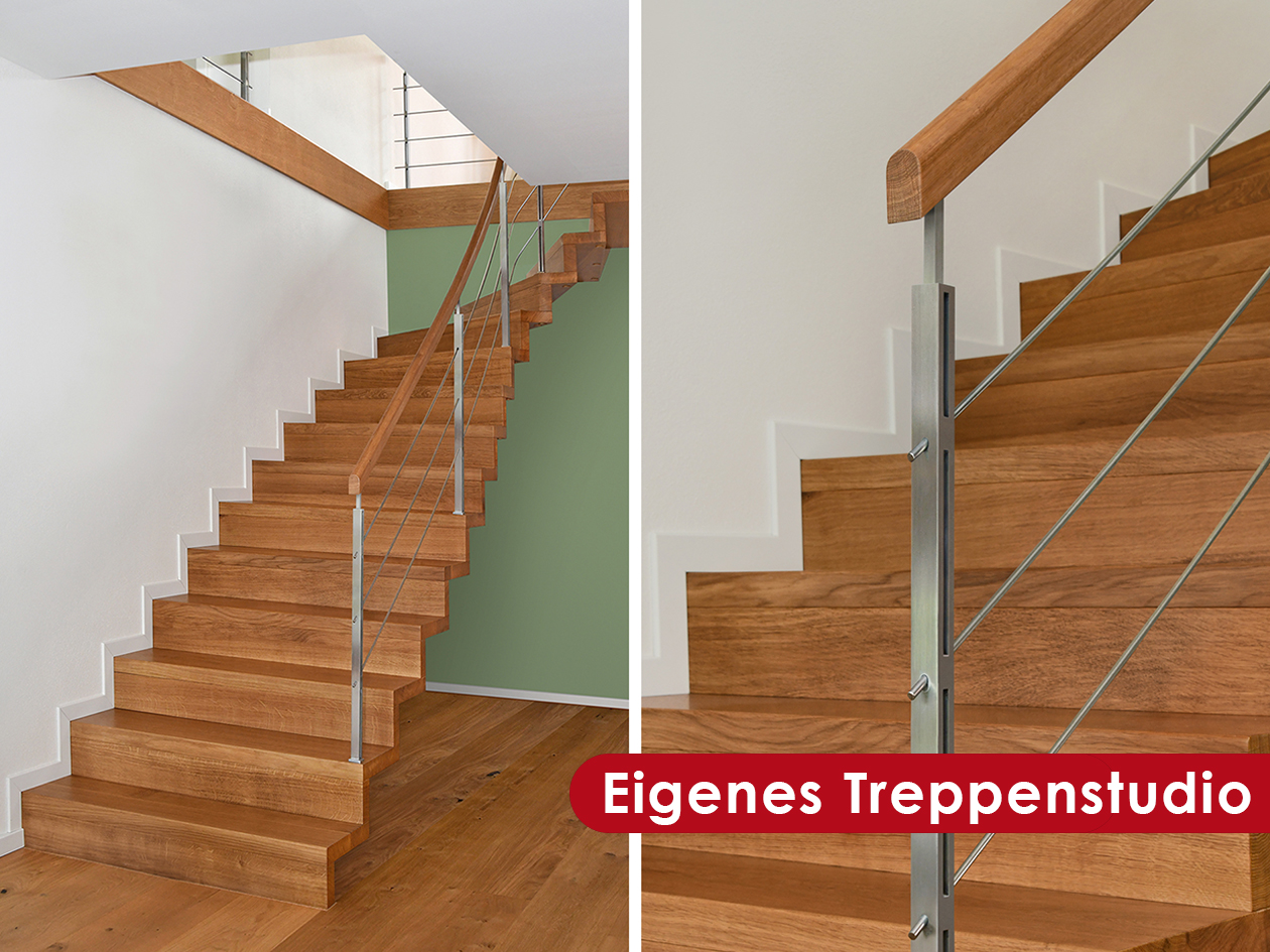 Holztreppe mit Edelstahl-Geländer, links die Gesamtansicht, rechts eine Detailaufnahme des Handlaufs