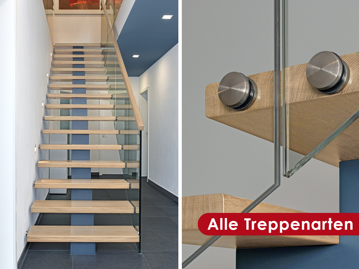 Freitragende Holztreppe mit Glasgeländer, links die Gesamtansicht, rechts eine Detailaufnahme der Befestigung