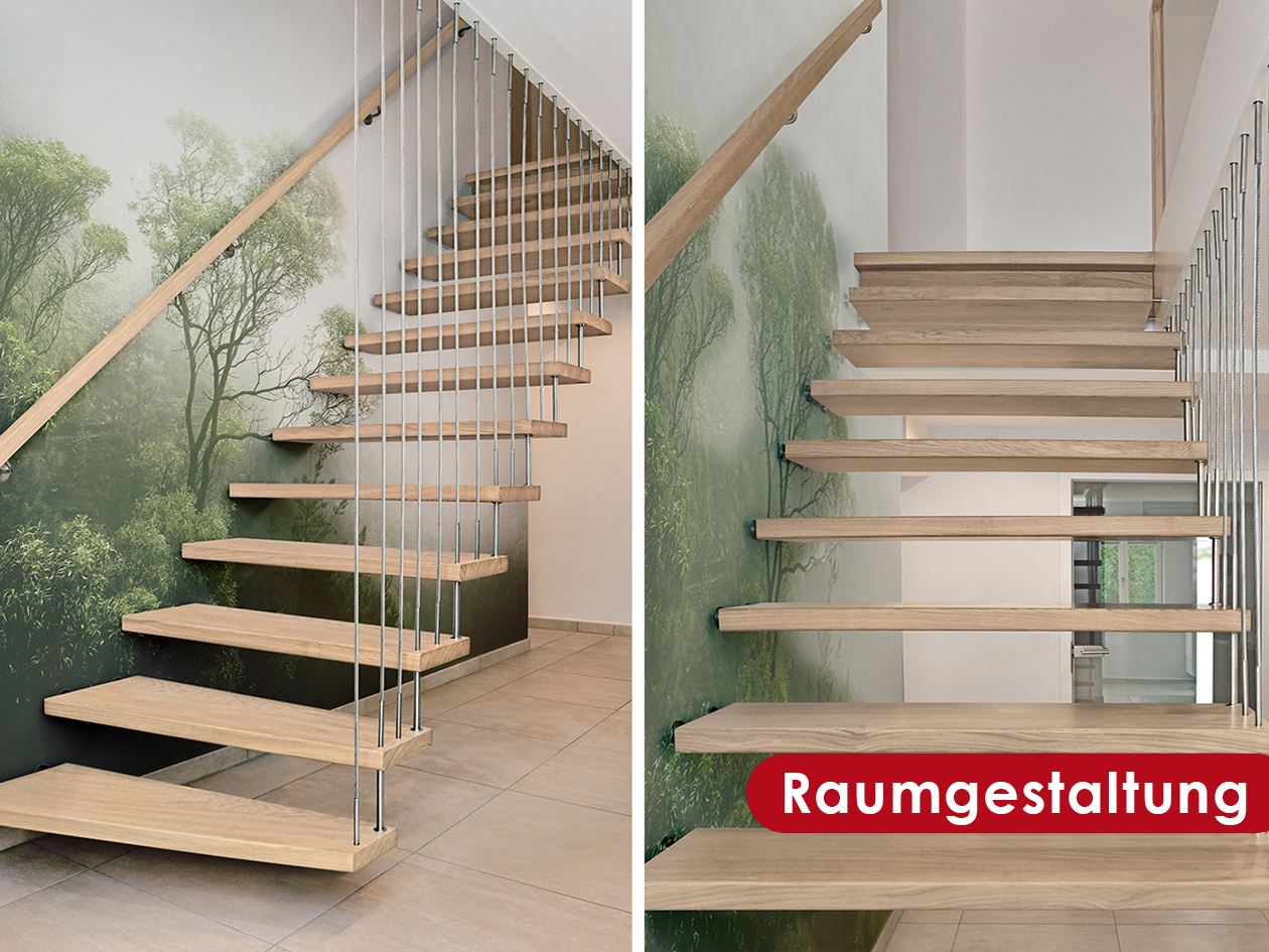 Freitragende Holztreppe vor einer Wald-Fototapete, links die Gesamtansicht, rechts eine Nahaufnahme der Stufen